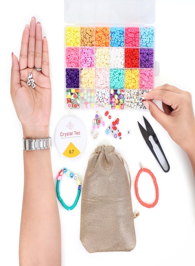 ambitieux DIY Bracelet Making Kit - 24 Colorful Beads, 10m Elastic Thread, Jute Bag, and Cutter - Gift for Girls Birthdays (Clay Beads 3) - Image 3